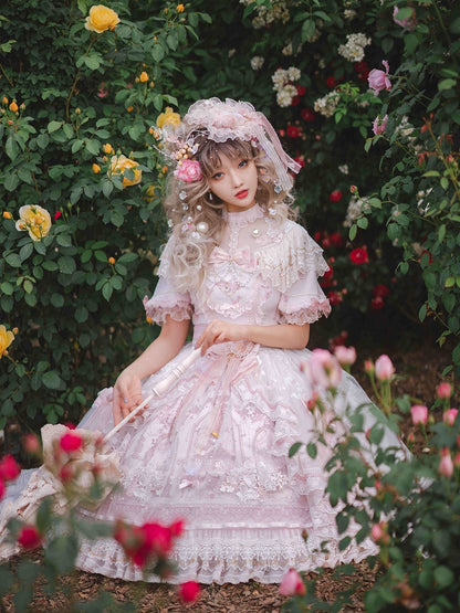 In Stock Sunset Scene Nature Waist Bowknot Details Embroidery Short Sleeves Hime One Piece Full Set