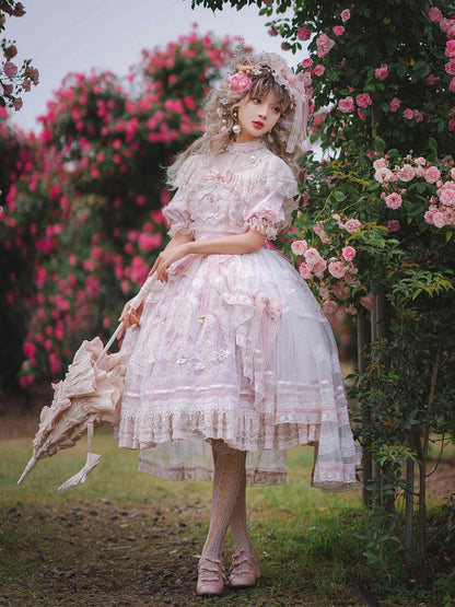 In Stock Sunset Scene Nature Waist Bowknot Details Embroidery Short Sleeves Hime One Piece Full Set