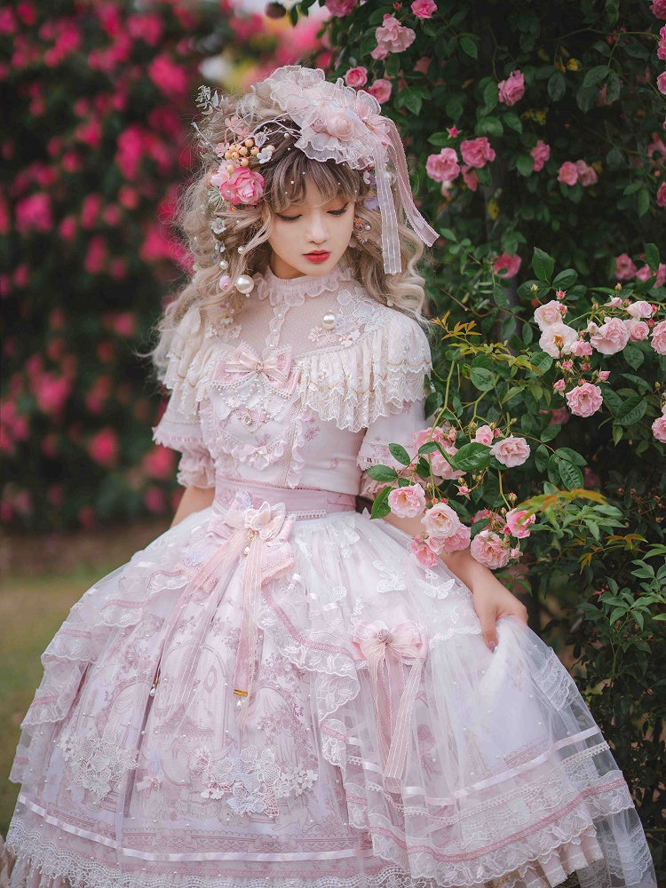 In Stock Sunset Scene Nature Waist Bowknot Details Embroidery Short Sleeves Hime One Piece Full Set