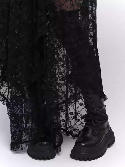 Black Semi-Sheer Floor Length Asymmetrical Lace Skirt