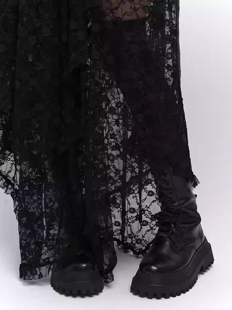Black Semi-Sheer Floor Length Asymmetrical Lace Skirt