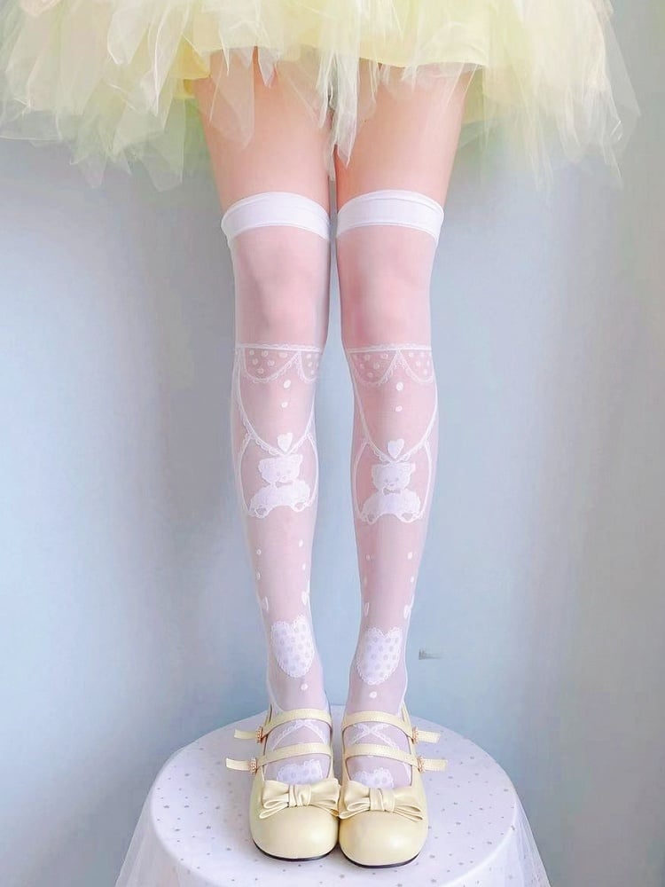 White/Black Teddy Bear and Heart Pattern Over Knee Stockings
