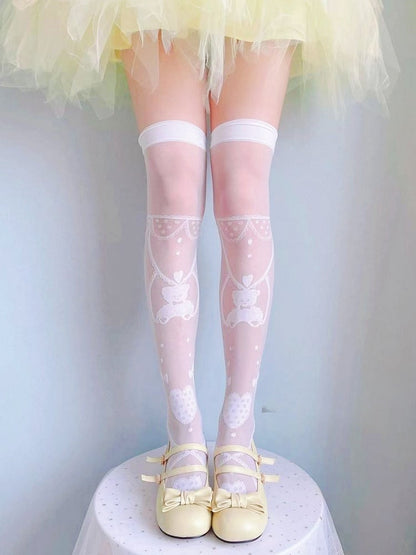 White/Black Teddy Bear and Heart Pattern Over Knee Stockings