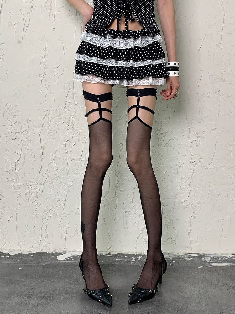 Black/Red Y2K Studs Punk Semi-sheer Overknee Stockings