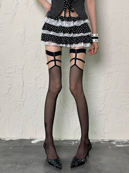 Black/Red Y2K Studs Punk Semi-sheer Overknee Stockings