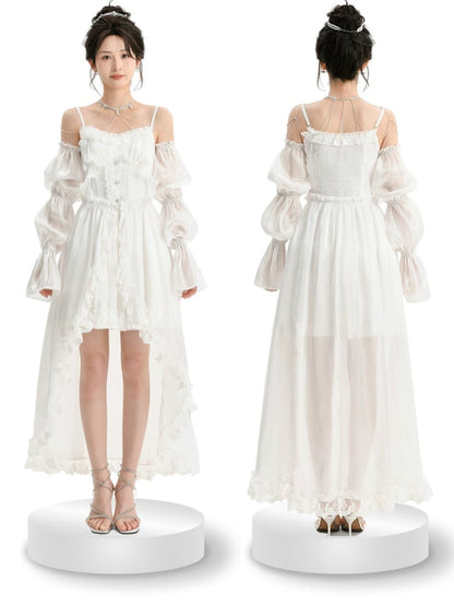 White Satin Shiro Lolita Dress with Detachable Balloon Sleeves and Train