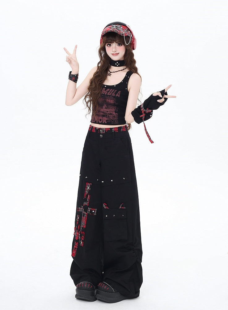 Black and Red Plaid Studs Detail Wide-Leg Pants