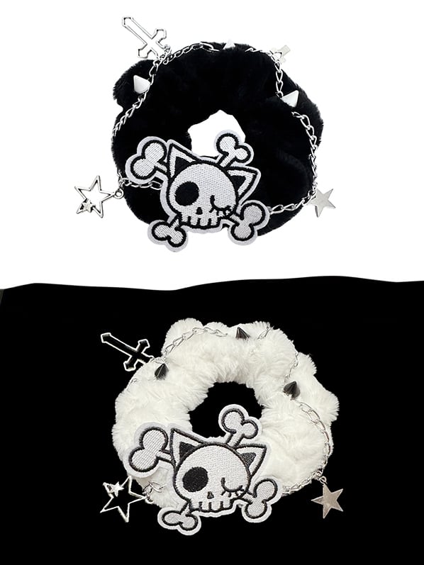 Black/White Skeleton Applique Gothic Plush Scrunchie