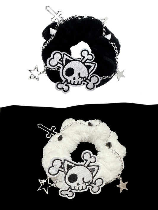 Black/White Skeleton Applique Gothic Plush Scrunchie