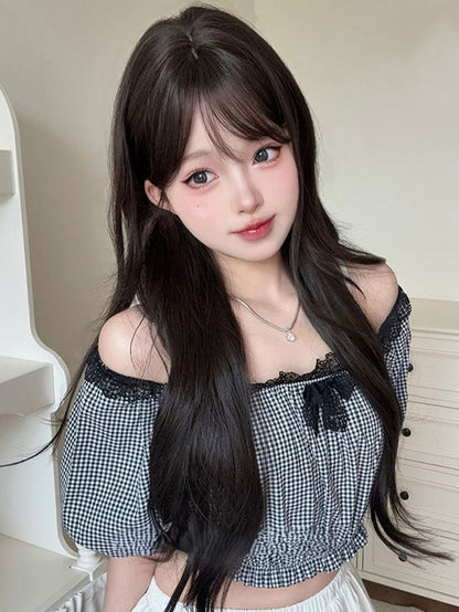 Black Tea 73CM Length Wavy Wig With Curtain Bangs