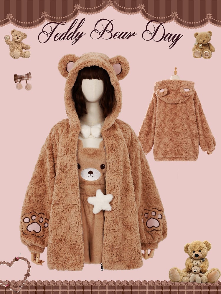 Brown Fluffy Teddy Bear Jacket with Ears Hood for Girls/Women