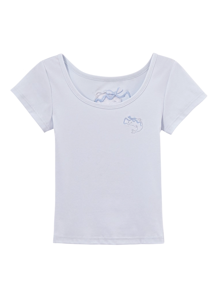 Dolphin-shaped Cutout Back Blue Scoop Neckline T-shirt