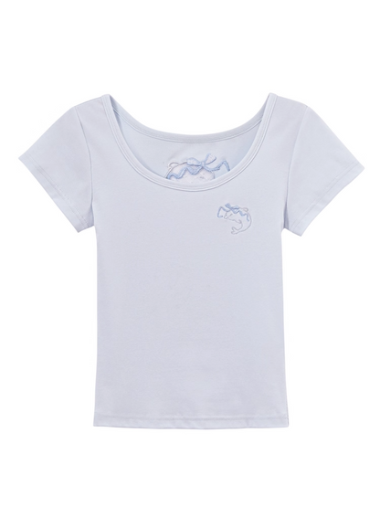 Dolphin-shaped Cutout Back Blue Scoop Neckline T-shirt