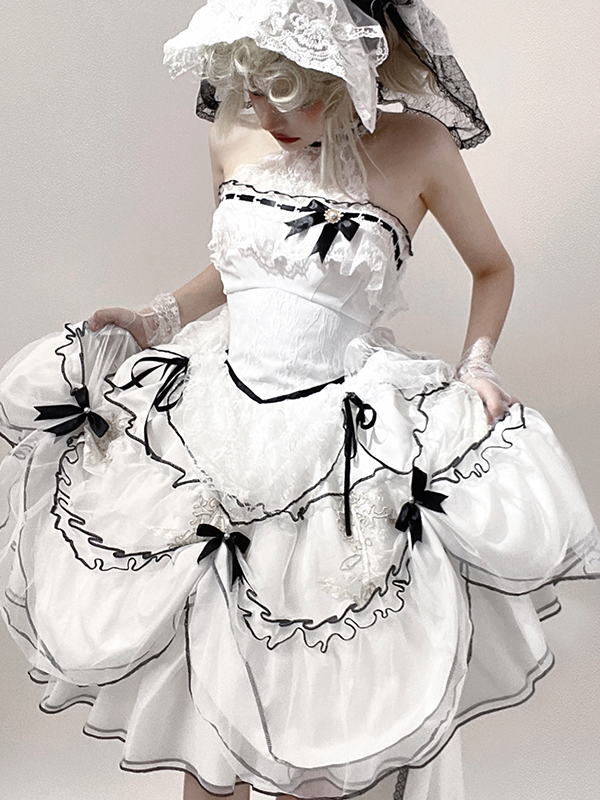 Plus Sizes White & Black Ruffled Layers Illusion Neckline Sweet Lolita Dress with Bow Accents Short Version