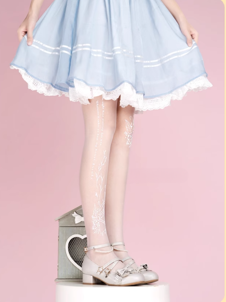 White Semi-sheer Rosette Print Lolita Tights
