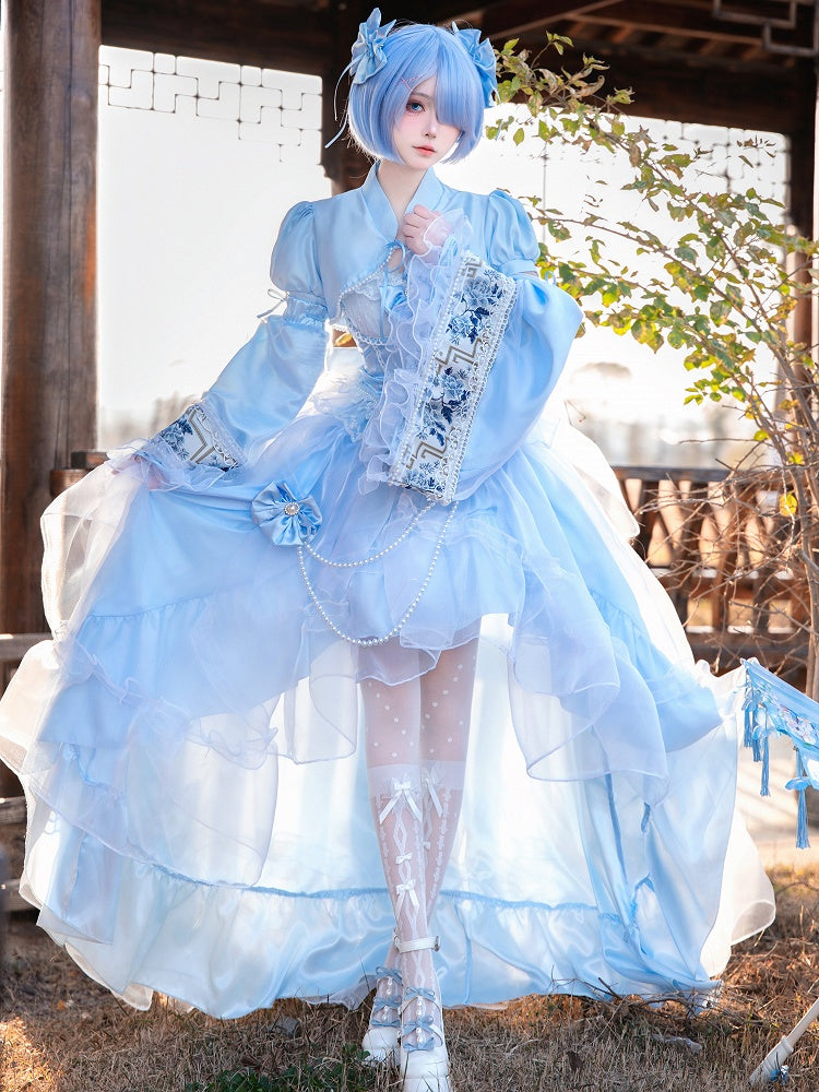 Plus Sizes Available Blue Princess Lolita Boned Waist Top + High-low Skirt Full Set