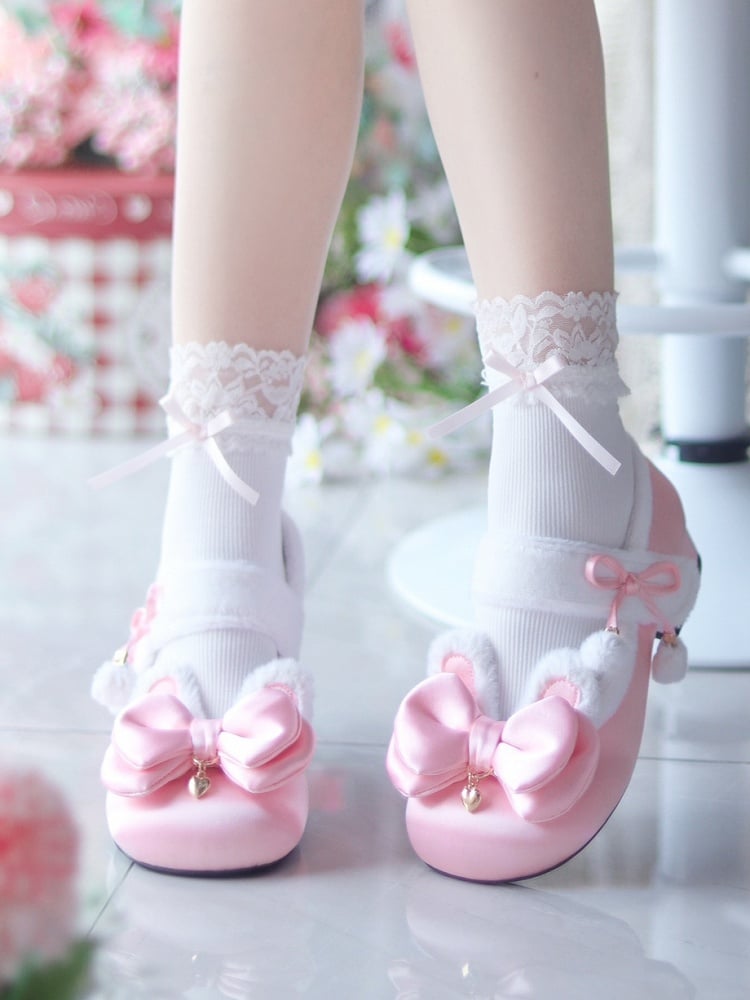 Pink Sweet Lolita Heart Charm Plush Bunny Ear Bow at Top Round Toe Shoes