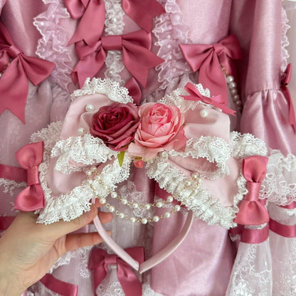 Gorgeous Version Pink Floral Design Beaded Charm Lace Trim Bowknot KC