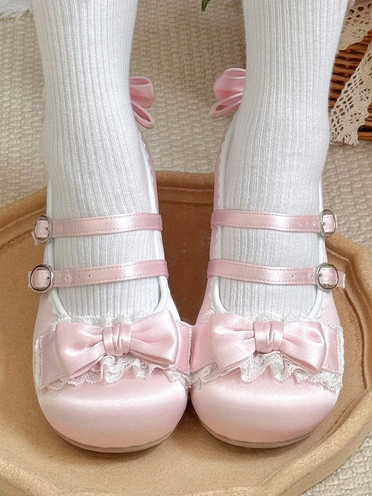 Sweet Pink Lolita Mary Janes - Ruffled Lace Edging, Ornate Bow & Dual Fasteners