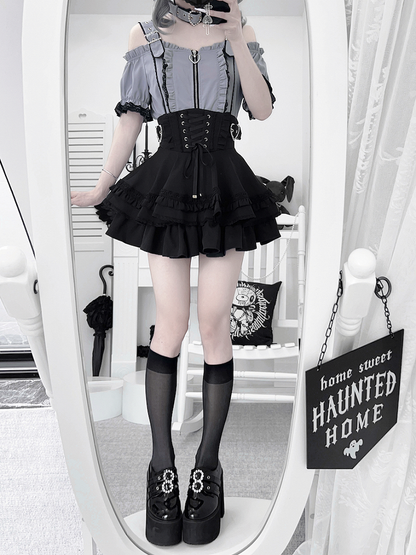 Jirai Kei Heart Buckles Lace-up Front and Back Black Tiered Skirt