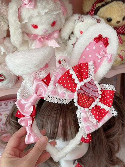 3 Color Options Polka-dot And Plaid Pattern Bowknot Details Plush Bunny Ear KC
