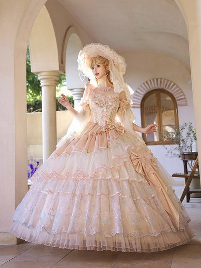 Clearance-Size S for Bust 80CM Pink Corset Bodice Hanayome Hime Lolita Floral Embroidery Layered Floor Length Dress Long Version