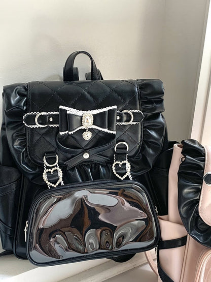 Jirai Kei Black / Black & Pink PU Backpack with Glitter Bow & Rhinestone Decor