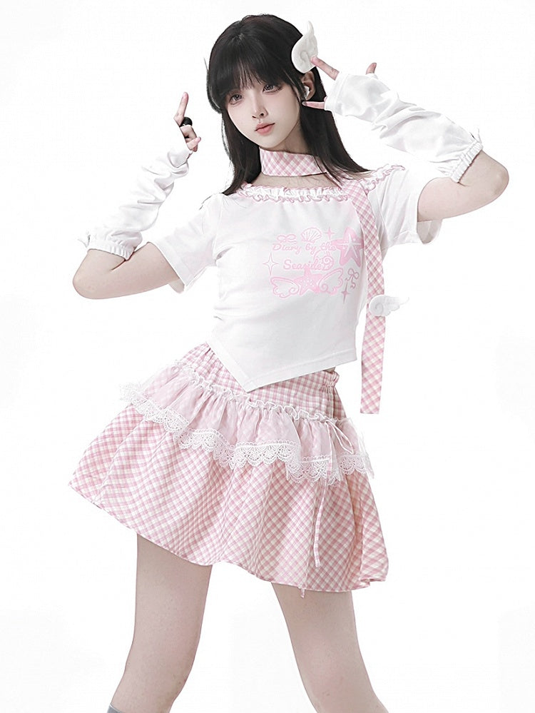 Pink/Baby Blue Starfish and Seashell Print Ruffled Asymmetrical Neckline T-shirt with Plaid Scarf