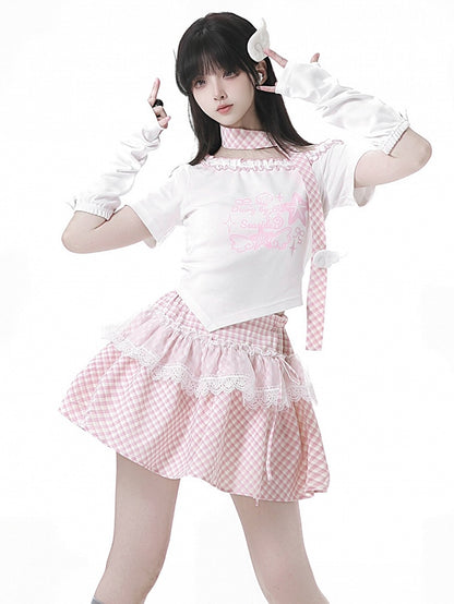 Pink/Baby Blue Starfish and Seashell Print Ruffled Asymmetrical Neckline T-shirt with Plaid Scarf