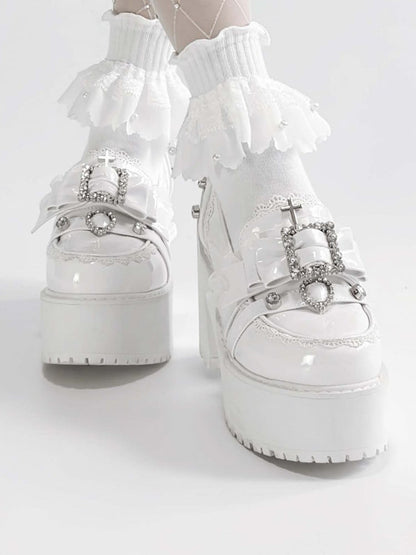 Polished White Jirai Kei Rhinestone Decorated Bow at Top Lace Trim Platform High Block Heels Slipons