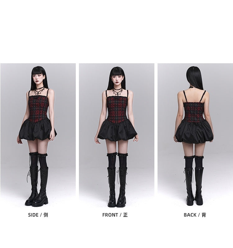 Red Plaid Basque Waist Mini Bubble Skirt Cami Dress