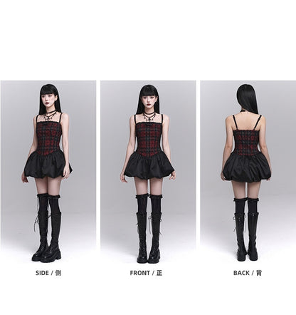 Red Plaid Basque Waist Mini Bubble Skirt Cami Dress