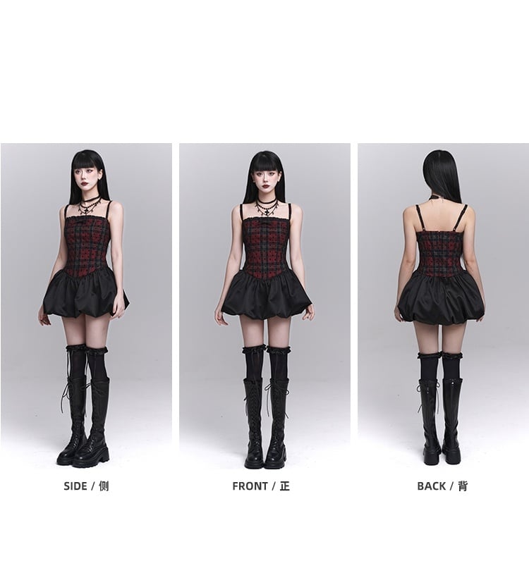 Red Plaid Basque Waist Mini Bubble Skirt Cami Dress