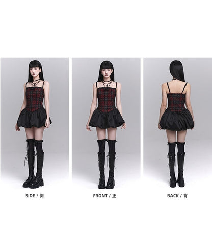 Red Plaid Basque Waist Mini Bubble Skirt Cami Dress