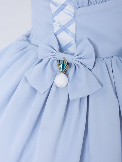 Baby Blue Jirai Kei Pompom Bows Adorned High Waist Skirt Smocked Elastic Back Waist