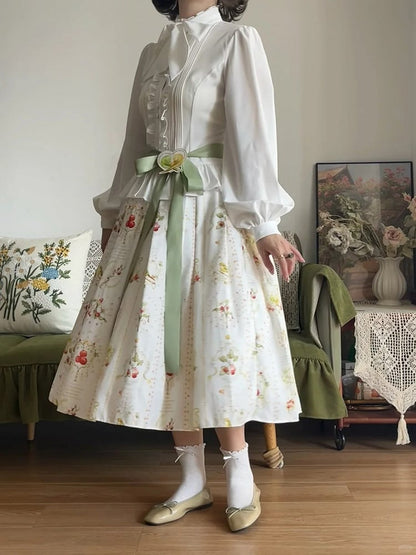 White Elegant Classic Lolita Skirt with Hawthorn and Bird Print and Green Belt
