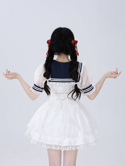 White Star Buttons High Waist Jirai Kei Skirt with Flutter Shoulder Straps