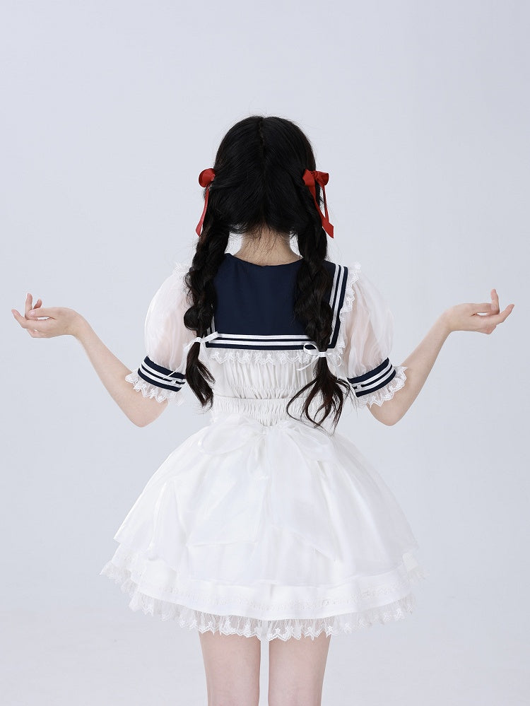White Star Buttons High Waist Jirai Kei Skirt with Flutter Shoulder Straps