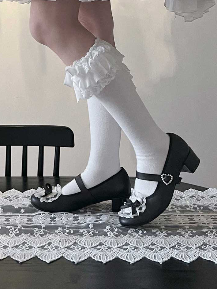 Blue Bow at Top Lace Trim Beaded Heart Buckles Lolita Shoes