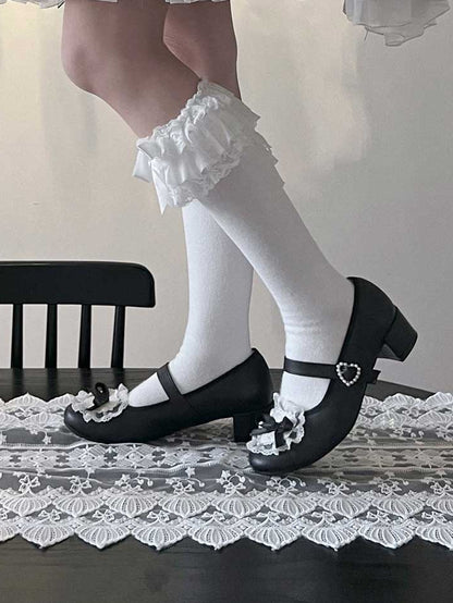 Blue Bow at Top Lace Trim Beaded Heart Buckles Lolita Shoes