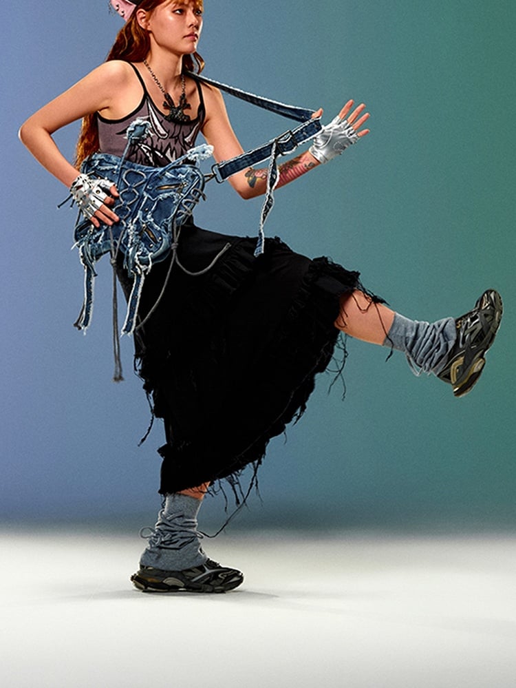 Blue Butterfly Frayed Hem Denim Bag