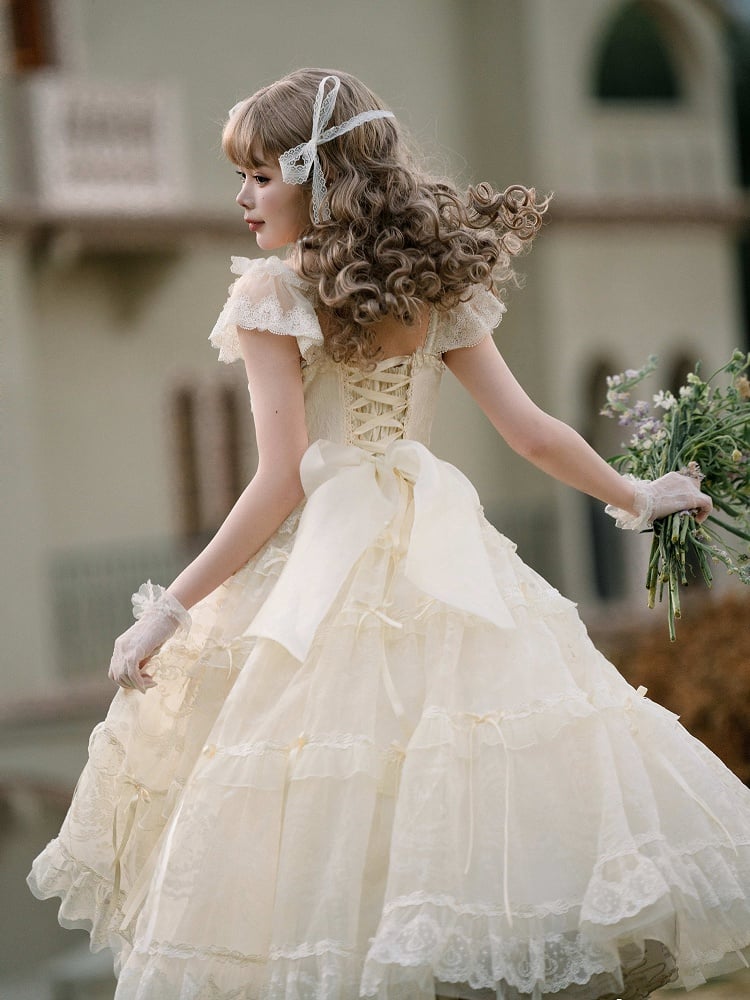 Creamy White Beads Neckline Ribbon Bow Accents Princess Lolita Dress