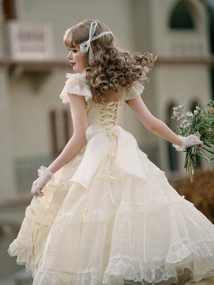 Creamy White Beads Neckline Ribbon Bow Accents Princess Lolita Dress