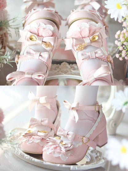 Pink Spoon Decorated Bowknot Details Sweet Lolita High Block Heels