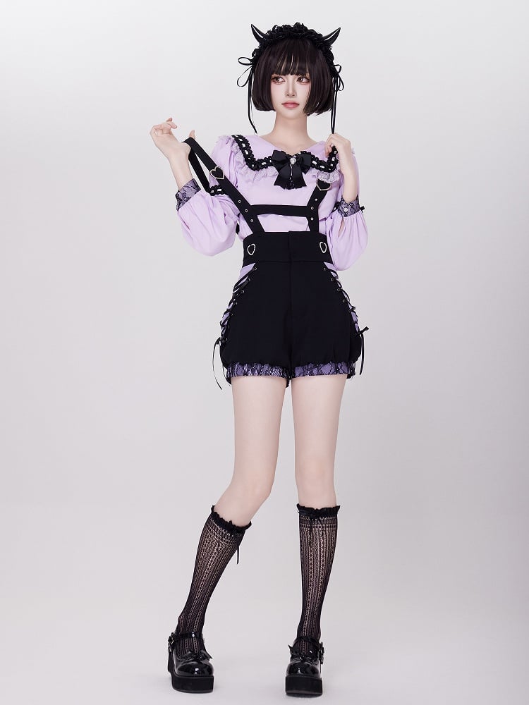 Purple Jirai Kei Lace Trimming Sailor Collar Long Sleeves Blouse
