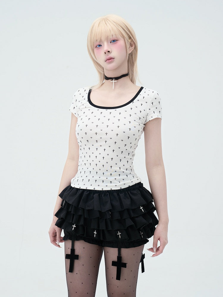 Pastel Gothic Black & White Allover Cross and Cat Paw Print Cat Ears Detail at Back T-Shirt