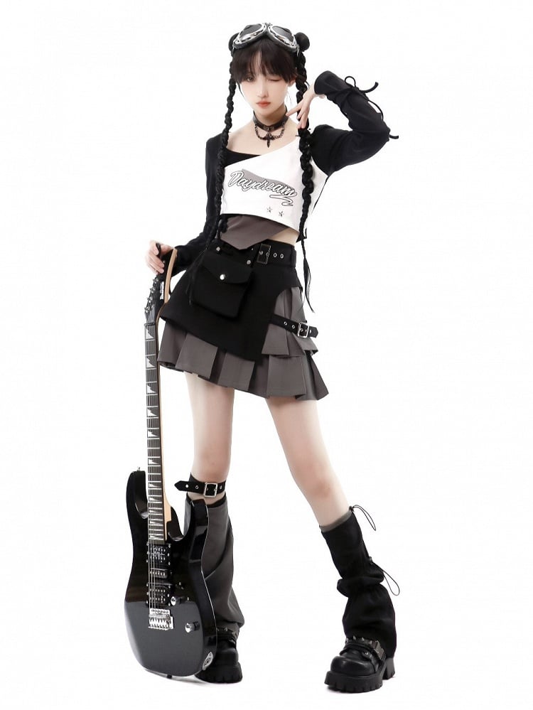 Futuristic Layered Box Pleat Techwear Skirt with Cargo Pockets