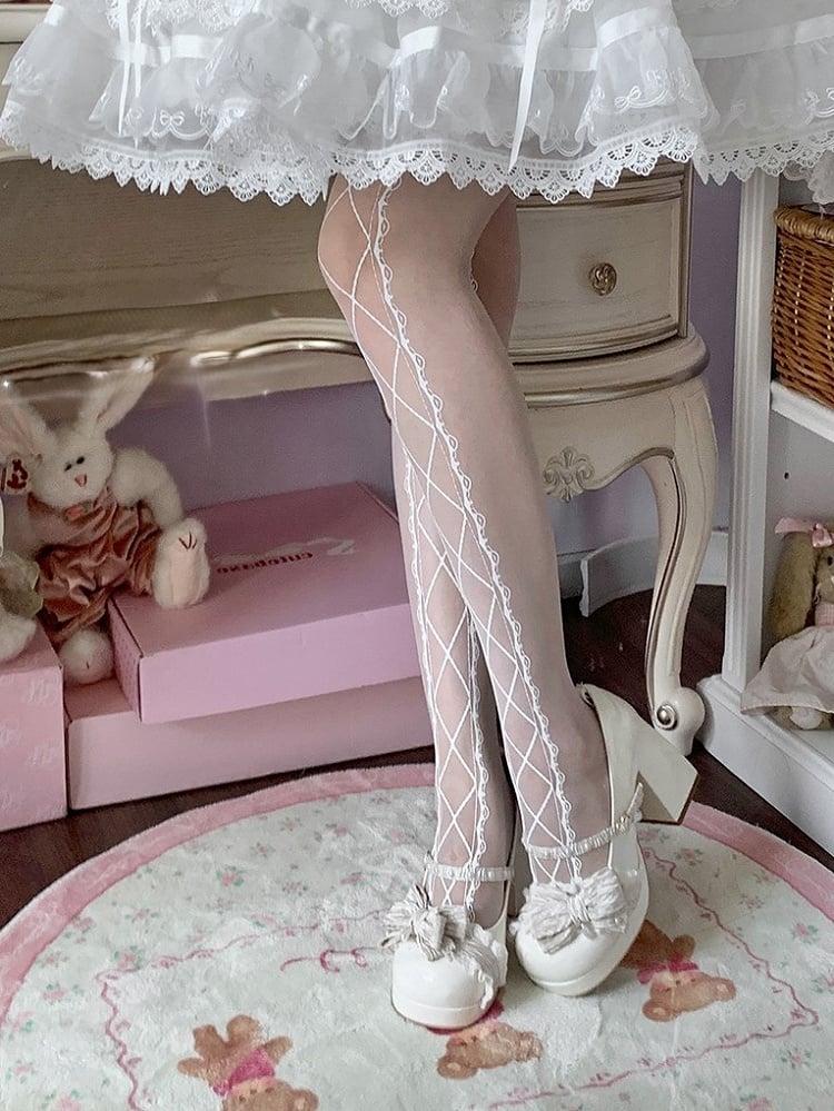 White Crisscorss Banded Print Sweet Lolita Tights