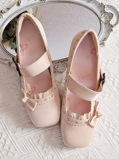 Low-heel/Mid-heel Classic Lolita Apricot PU Shoes with Floral Cut-Outs & Practical Snap Closure