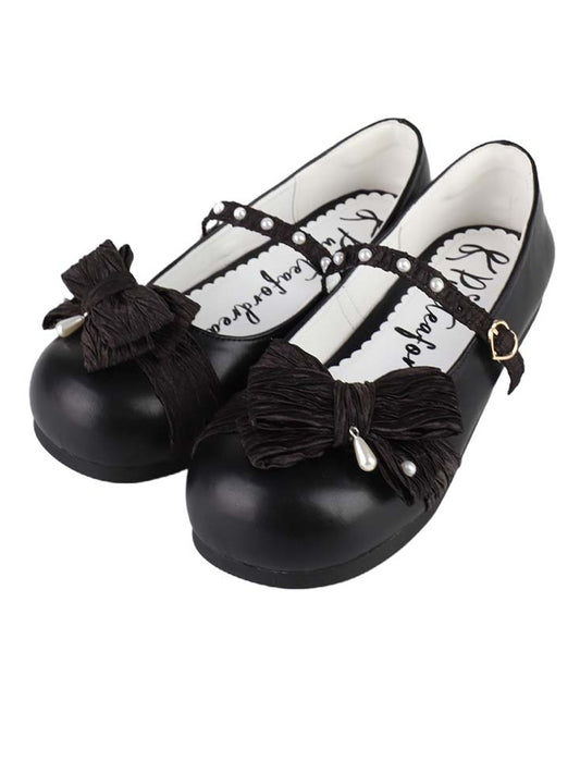 Matte Black Beaded Decorated Bow at Top Heart Buckle Round Toe Lolita Shoes